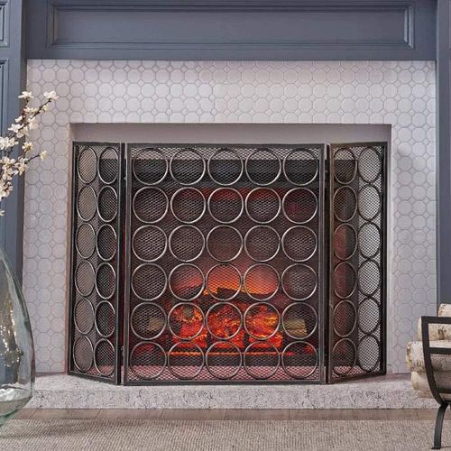  FOLDING Fireplace Screen 3 PCS Iron Fire Panel, Spark Flame Barrier with mesh Decoration, Wide Metal mesh Safety Fire Place Guard for Wood and Coal Firing, Stoves, Grills Ensures L