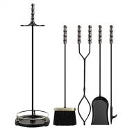 FOLDING Fireplace Screen 5 Pieces Fireplace Tool Sets Wrought Iron Fire Place Pit Poker Holder Tongs with Handles Wood Stove Accessories Kit Black Cast Hearth Decor for Home Ensure