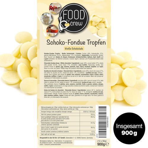  [아마존베스트]FOOD crew Sweet Wishes 900g Belgische weisse Fondue-Schokolade Drops - zart schmelzender Hochgenuss feine Leckerei fuer Schoko-Brunnen Fondue-Sets - beste Qualitat - 10 Portionsbeutel zu je 90