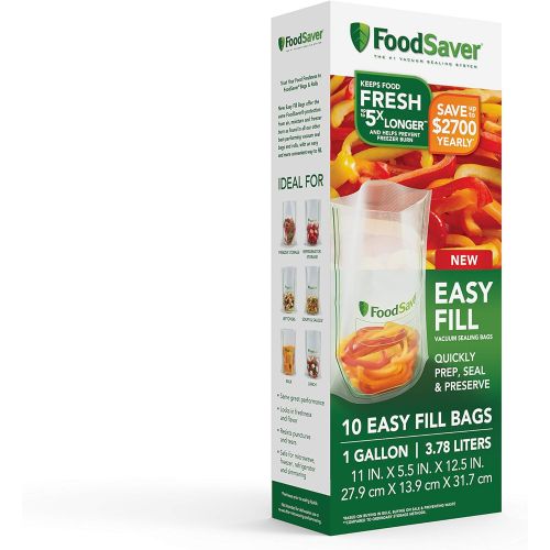  [아마존베스트]FoodSaver Easy Fill 1-Gallon Vacuum Sealer Bags | Commercial Grade and Reusable | 10 Count, 1 GALLON, Clear