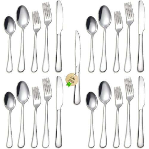  [아마존베스트]Stainless Steel Silverware Set - FORID 21 Piece Flatware Set with Steak Knives Mirror Polished Cutlery Utensil Set Service for 4 Include Knife Fork Spoon Dishwasher Safe (Extra Bon