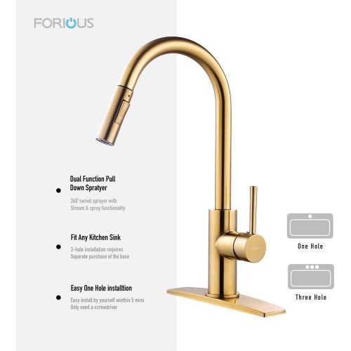  [아마존핫딜][아마존 핫딜] Amazon Gold Kitchen Faucet with Pull Down Sprayer, Kitchen Faucet Sink Faucet with Pull Out Sprayer, Single Hole and 3 Hole Deck Mount, Single Handle Copper Kitchen Faucets, Champagne Bro