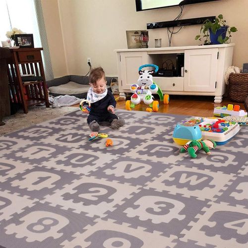  [아마존베스트]Forstart Children Kids Baby Puzzle Play Mat, Baby Foam Playmat Activity Mat Play Gym 36pcs White Grey,Train,Numbers,Letters/Alphabets Non-Toxic Interlocking 71 x 71” x 0.6