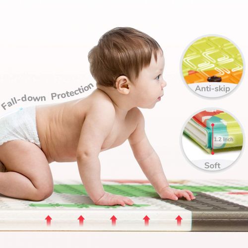  FORSTART Foldable Play Mat |【Easy to Clean, Fold Up】Non- BPA Non-Toxic Foam Baby Playmat 79“ x 71x 0.6” Thick Extra Large Reversible Crawling Mat Portable Toddlers Kids (Cute Giraff)