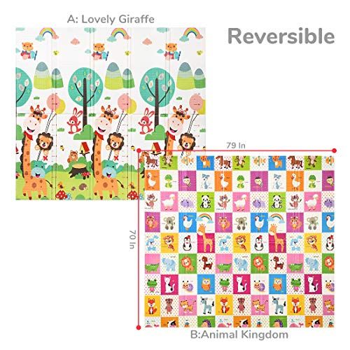  FORSTART Foldable Play Mat |【Easy to Clean, Fold Up】Non- BPA Non-Toxic Foam Baby Playmat 79“ x 71x 0.6” Thick Extra Large Reversible Crawling Mat Portable Toddlers Kids (Cute Giraff)