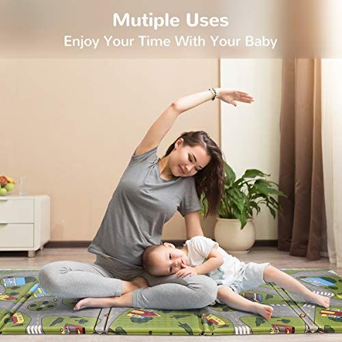  FORSTART Foldable Play Mat |【Easy to Clean, Fold Up】Non-BPA Non-Toxic Foam Baby Playmat 79“ x 71 0.6” Thick Extra Large Reversible Crawling Mat Portable Toddlers Kids (Car Road-79710.6in)