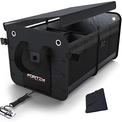  FORTEM Car Trunk Organizer, Foldable Cover, Waterproof Non Slip Bottom, Straps, Cargo Storage (2 Compartments, Black)