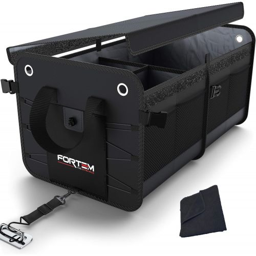 FORTEM Car Trunk Organizer, Foldable Cover, Waterproof Non Slip Bottom, Straps, Cargo Storage (2 Compartments, Black)
