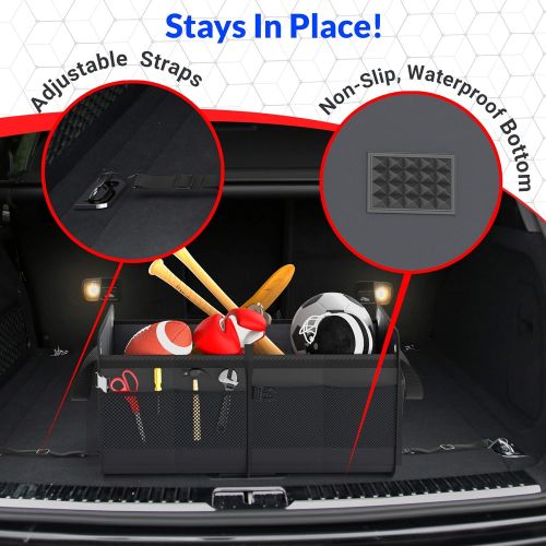  FORTEM Car Trunk Organizer, Foldable Cover, Waterproof Non Slip Bottom, Straps, Cargo Storage (2 Compartments, Black)