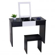 FORTUNELIN Vanity Table with Flip Top Mirror Makeup Dressing Table Writing Desk with Makeup Stool Set Easy Assembly (Black)