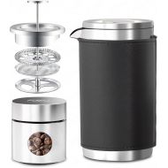 FOSKU French Press Coffee Maker Set, 12oz Stainless Steel Camping Coffee Press and Coffee Canister with Travel Tote Bag, Single Serve 1 Cup Small Double Walled French Press 350ml