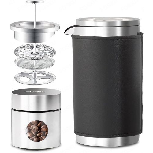  FOSKU French Press Coffee Maker Set, 12oz Stainless Steel Camping Coffee Press and Coffee Canister with Travel Tote Bag, Single Serve 1 Cup Small Double Walled French Press 350ml