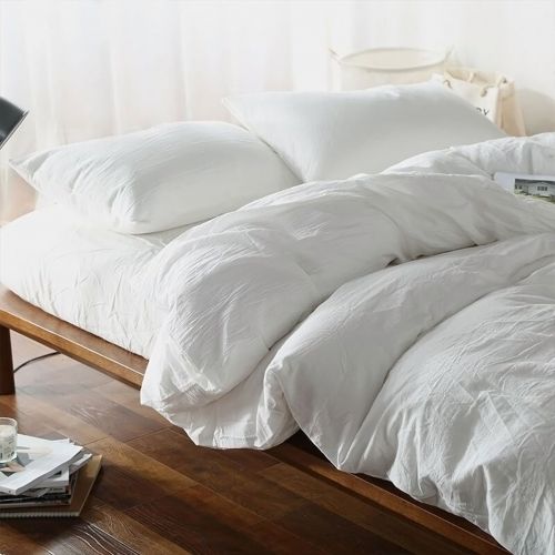  FOSSA Washed Cotton Duvet Cover Set Queen 3 Piece Bedding Sets Soft Wrinkled Solid Design (Queen, Dark Gray)