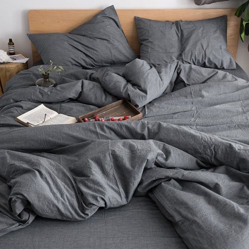  FOSSA Washed Cotton Duvet Cover Set Queen 3 Piece Bedding Sets Soft Wrinkled Solid Design (Queen, Dark Gray)