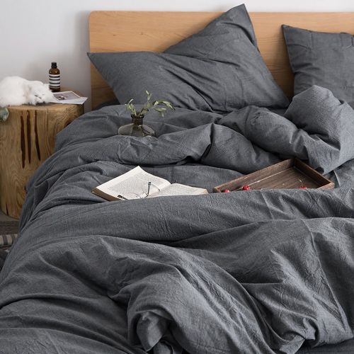  FOSSA Washed Cotton Duvet Cover Set Queen 3 Piece Bedding Sets Soft Wrinkled Solid Design (Queen, Dark Gray)