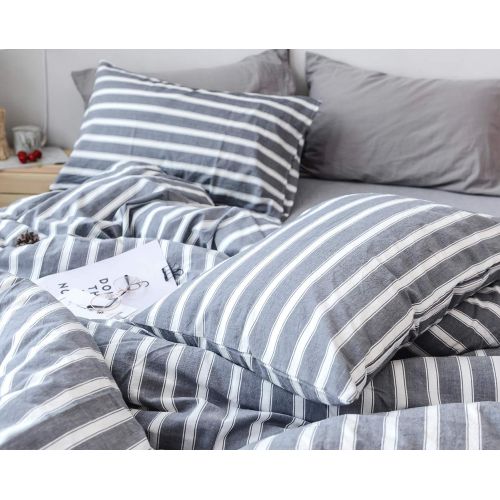  FOSSA Washed Cotton Duvet Cover Set Queen 3 Piece Bedding Sets Soft Wrinkled Solid Design (Queen, Dark Gray)