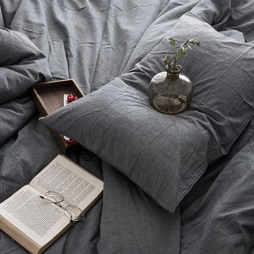  FOSSA Washed Cotton Duvet Cover Set Queen 3 Piece Bedding Sets Soft Wrinkled Solid Design (Queen, Dark Gray)