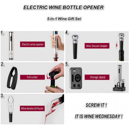  FOSTERSOURCE Electric Wine Bottle Opener Corkscrew with Storage Base Foil Cutter Vacuum Stopper Aerator Pourer