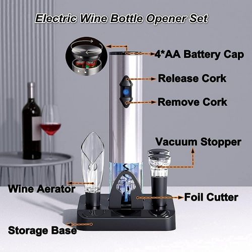  FOSTERSOURCE Electric Wine Bottle Opener Corkscrew with Storage Base Foil Cutter Vacuum Stopper Aerator Pourer