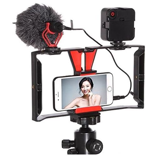  FOTGA Video Camera Cage Handle Rig + 49-LED Light + BOYA BY-MM1 Microphone for Smart Phone