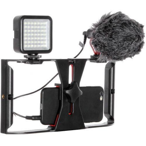  FOTGA Video Camera Cage Handle Rig + 49-LED Light + BOYA BY-MM1 Microphone for Smart Phone