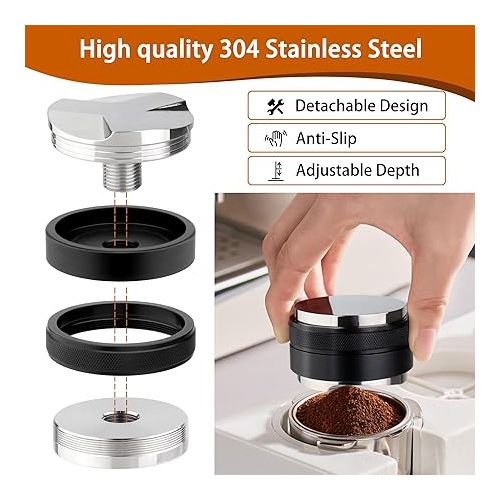  53mm Coffee Distributor & Tamper, Adjustable Depth Espresso Distributor Compatible with 54mm Breville Portafilter, Professional Espresso Dual Head Coffee Leveler, Hand Tampers