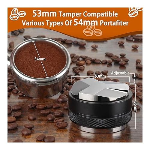  53mm Coffee Distributor & Tamper, Adjustable Depth Espresso Distributor Compatible with 54mm Breville Portafilter, Professional Espresso Dual Head Coffee Leveler, Hand Tampers