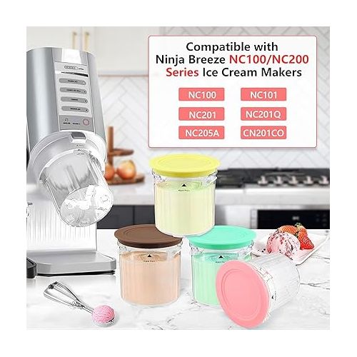  16oz Ice Cream Containers Replacement for Ninja Creami Breeze Pints and Lids - 4 Pack, Compatible with NC100 NC200 NC201 CN205A Series, BPA-Free & Dishwasher Safe