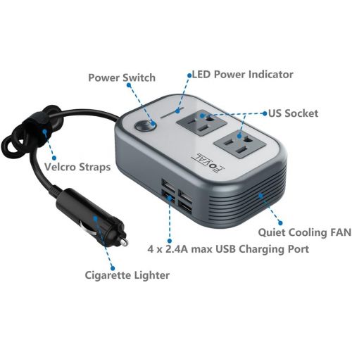  Foval 200W Car Power Inverter DC 12V to 110V AC Converter with 4 USB Ports Charger