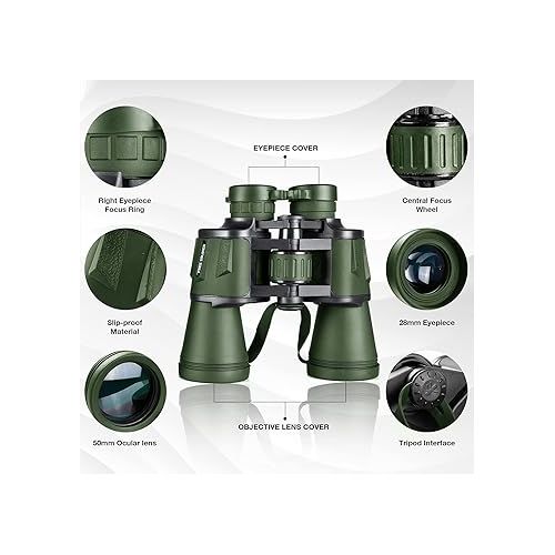  20x50 Hunting Binoculars for Adults with Low Light Night Vision - 28mm Large Eyepiece Professional Waterproof Binoculars for Bird Watching Hiking Concert Travel with BAK4 Prism FMC Lens, Green