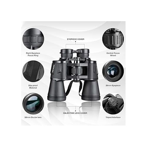  Binoculars for Adults - 20x50 High Power Binoculars for Bird Watching 28mm Large Eyepiece Waterproof Binoculars Hunting Hiking Concert Travel with Smartphone Adapter BAK4 Prism FMC Lens, Black