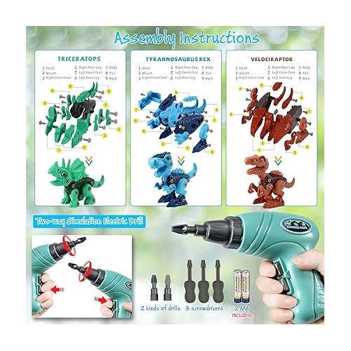  FREE TO FLY Kids Toys Stem Dinosaur Toy: Take Apart Toys for Kids 3-5 Learning Educational Building Sets with Electric Drill Birthday Gifts for Toddlers Boys Girls Age 3 4 5 6 7 8 Year Old