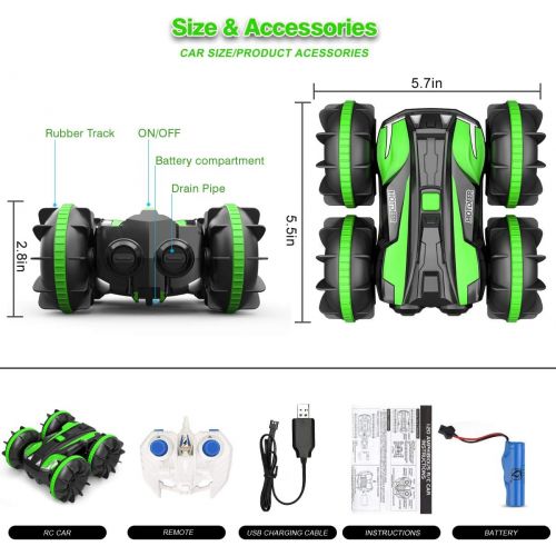  FREE TO FLY Remote Control Car Boat Truck- Amphibious 4WD Stunt Cars 2.4Ghz Rotating 360° Offroad Terrain RC Vehicle Water Land for Kids 8 9 10 11 12 Years Old (Green)