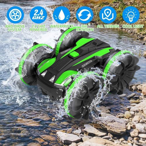  FREE TO FLY Remote Control Car Boat Truck- Amphibious 4WD Stunt Cars 2.4Ghz Rotating 360° Offroad Terrain RC Vehicle Water Land for Kids 8 9 10 11 12 Years Old (Green)