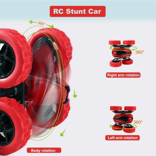  FREE TO FLY Toys Remote Control Car for Kids: Red 4WD Stunt RC Cars with 2 Rechargeable Battery - Double Sliding Hobby Car Birthday Gifts for Toddlers at Age of 6 7 8 9 10 Boys & Girls