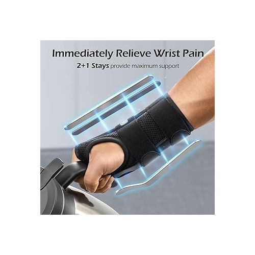  FREETOO Wrist Brace for Carpal Tunnel Relief Night Support , Maximum Support with 3 Stays Women Men Adjustable Splint Right Left Hands Tendonitis, Arthritis Sprains, Black (Right Hand, S/M)