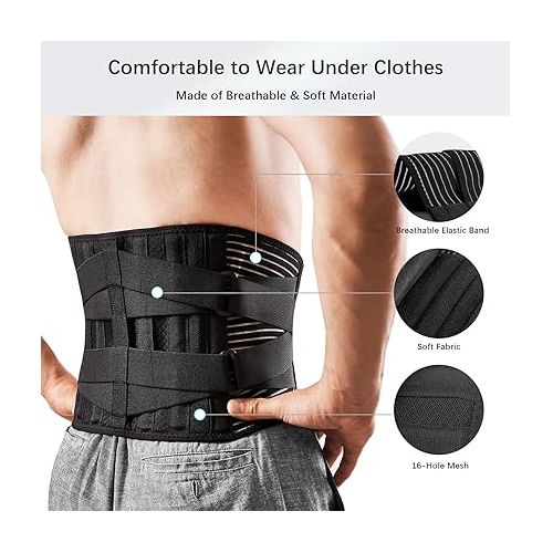  Freetoo Back Braces for Lower Back Pain Relief with 6 Stays, Breathable Back Support Belt for Men/Women for work, Anti-skid lumbar support belt with 16-hole Mesh for sciatica,plus size(XXL)