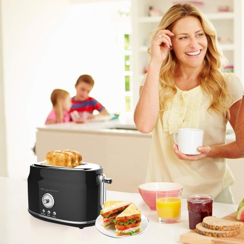  Frigidaire ETO102-BLACK, 2 Slice Toaster, Retro Style, Wide Slot for Bread, English Muffins, Croissants, and Bagels, 5 Adjustable Toast Settings, Cancel and Defrost, 900w, Black