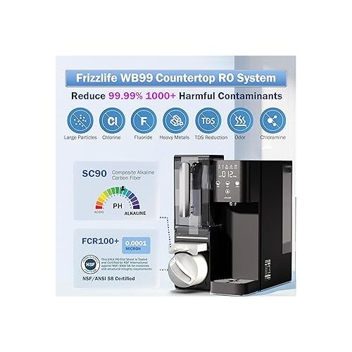  Frizzlife Countertop Reverse Osmosis System - WB99 Alkaline RO Water Filter with Portable Water Pitcher, NSF/ANSI 58 Certified Elements, 3.5:1 Pure to Drain, No Installation, USA Tech Support