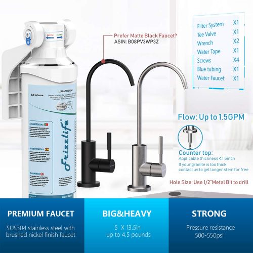  Frizzlife Under Sink Water Filter-NSF/ANSI 53&42 Certified Drinking Water Filtration System-0.5 Micron Removes Lead, Chlorine & Odor, Reduce Fluoride-W/Dedicated Faucet