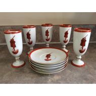 FRONIES Jos. Heinrichs Rare Five Stemmed Cups/Goblets and Saucers Set with Red Swordman and Fire Design.