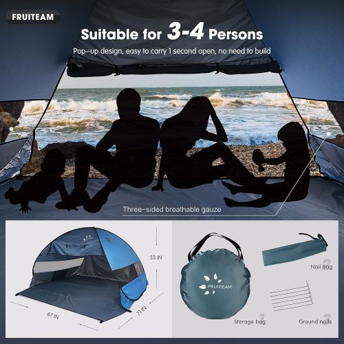  FRUITEAM Pop Up Beach Tent Sun Shelter for 3-4 Person with UV Protection for Camping/Outdoor/Beach, Blue