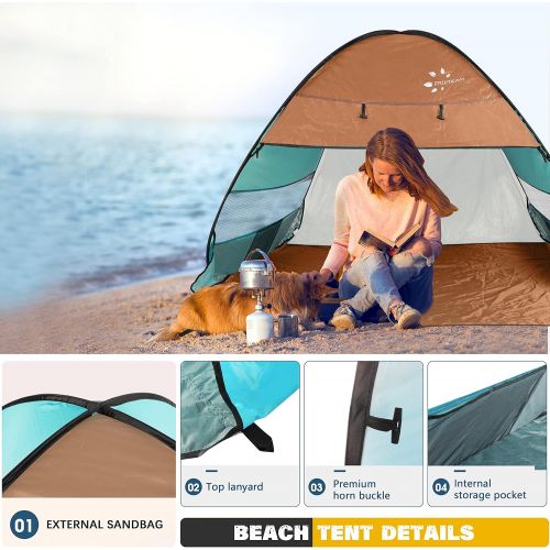  FRUITEAM Pop Up Beach Tent Sun Shelter for 3-4 Person with UV Protection, Silver Coated Tent Sun Shade Canopy Umbrella, Green