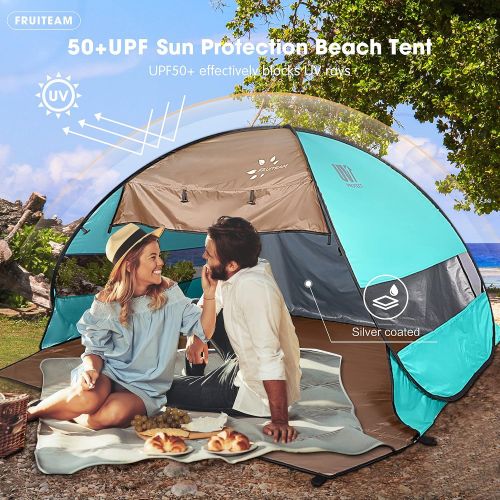  FRUITEAM Pop Up Beach Tent Sun Shelter for 3-4 Person with UV Protection, Silver Coated Tent Sun Shade Canopy Umbrella, Green