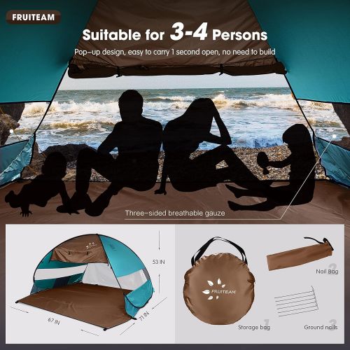  FRUITEAM Pop Up Beach Tent Sun Shelter for 3-4 Person with UV Protection, Silver Coated Tent Sun Shade Canopy Umbrella, Green