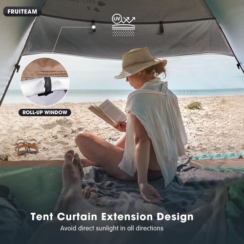  FRUITEAM Pop Up Beach Tent Sun Shelter for 3-4 Person with UV Protection, Silver Coated Tent Sun Shade Canopy Umbrella, Green