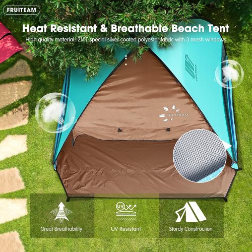  FRUITEAM Pop Up Beach Tent Sun Shelter for 3-4 Person with UV Protection, Silver Coated Tent Sun Shade Canopy Umbrella, Green