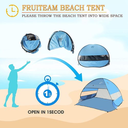  FRUITEAM Pop Up Beach Tent Sun Shelter for 3-4 Person with UV Protection for Camping/Outdoor/Beach, Blue