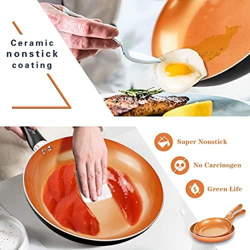  FRUITEAM 6pcs Cookware Set Ceramic Nonstick Soup Pot/Sauce Pan/Frying Pans Set, Copper Aluminum Pan with Lid, Induction Gas Compatible, Black