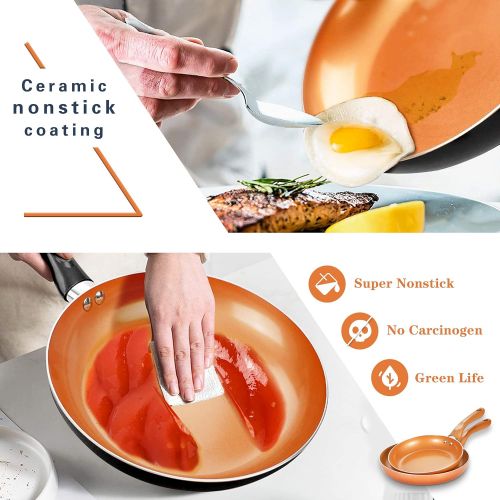  FRUITEAM 6pcs Cookware Set Ceramic Nonstick Soup Pot/Sauce Pan/Frying Pans Set, Copper Aluminum Pan with Lid, Induction Gas Compatible, Black